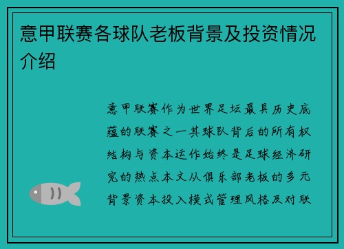 意甲联赛各球队老板背景及投资情况介绍